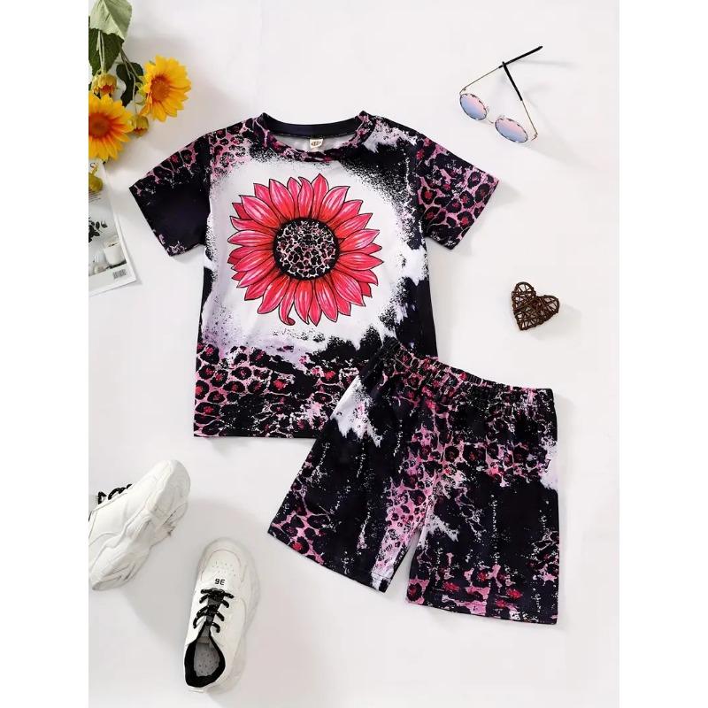 Girls' New Style Suits Short-sleeved Tops Shorts Two-piece Set Trendy Animal and Plant Prints