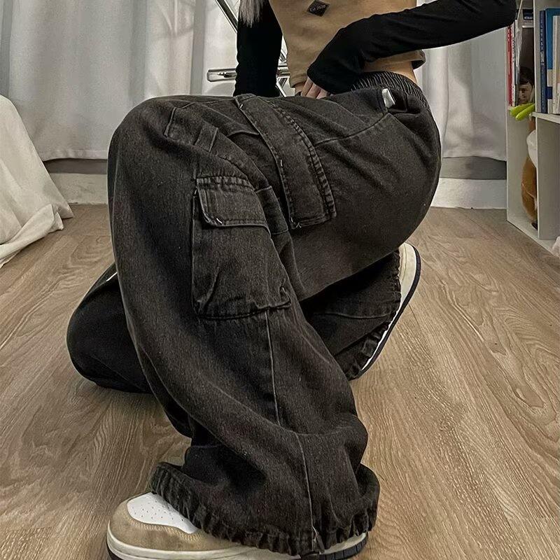 Chinese Street Trend Hip-Hop Straight-Leg Cargo Jeans: Retro Loose Wide-Leg Mid-High Waist Casual Pants