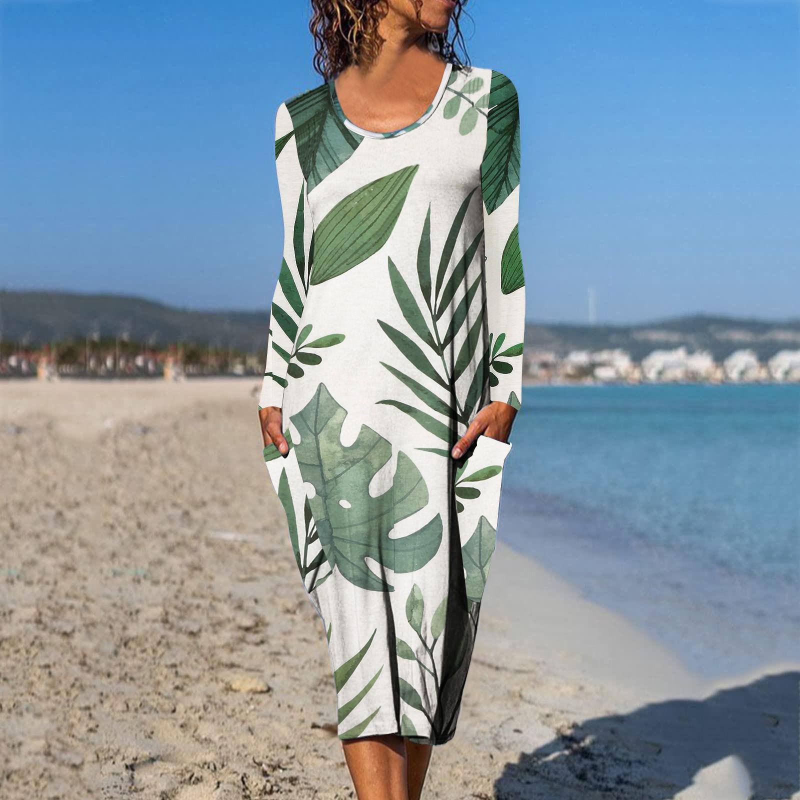 

Женское И Зимнее Платье с Принтом, Круглым Вырезом и Длинным Рукавом, с Карманами L зелёный