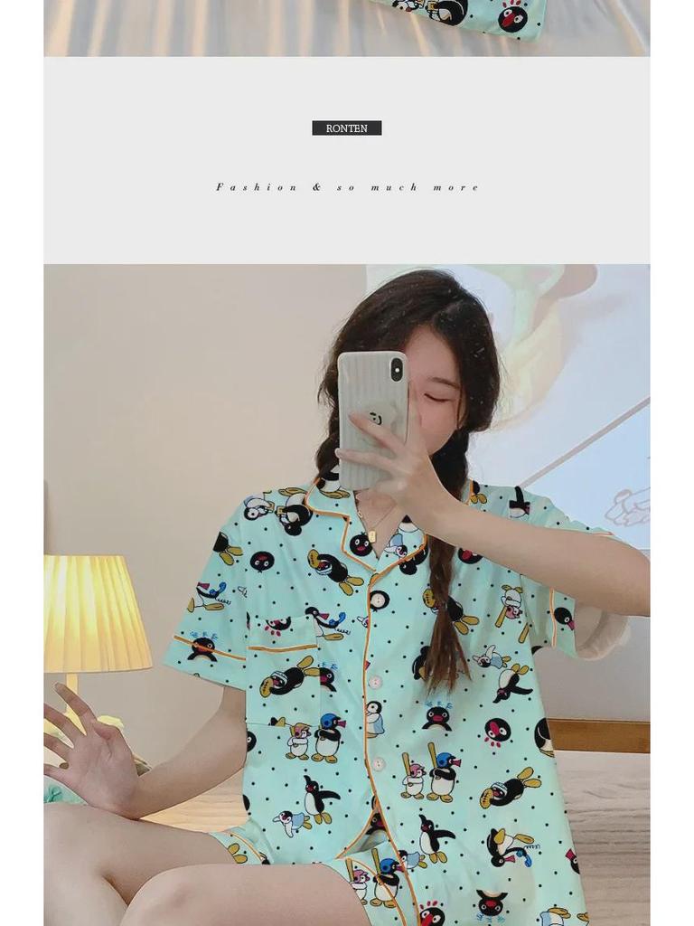 Sweet Girl Penguin Print Summer Pajama Set - Short-Sleeved Cardigan & Shorts