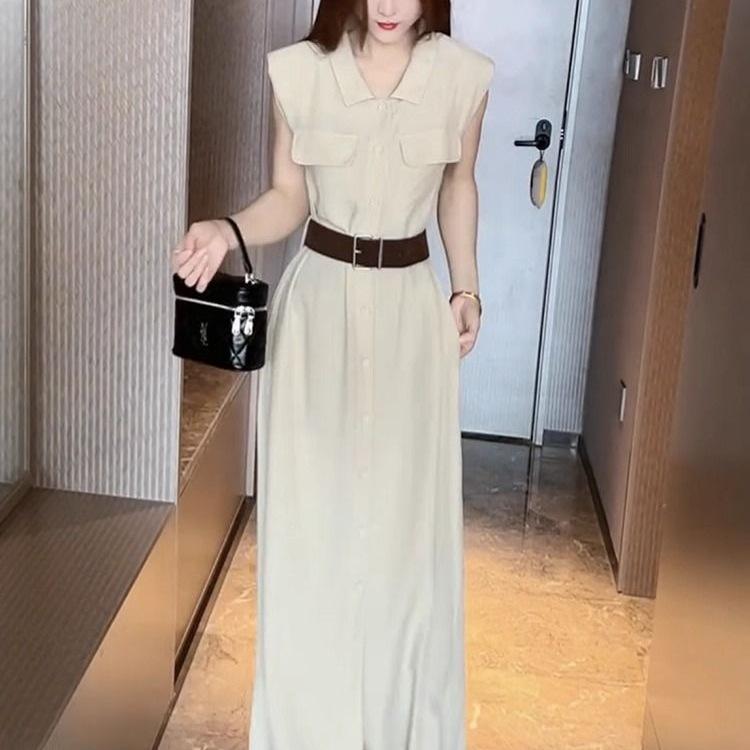 2026 Summer Women's Sleeveless Solid Color Waist-Cinched Slimming Shirt Dress with Belt - Age-Reducing Long Skirt