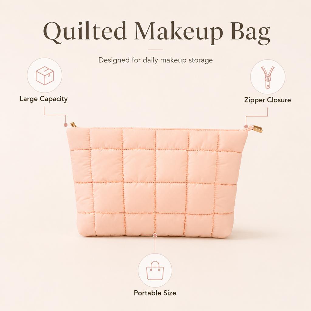Puffer Makeup Bag Quilted Cosmetic Pouch Large Capacity Travel Organizer with Zipper Partition for Women Beauty Accessories