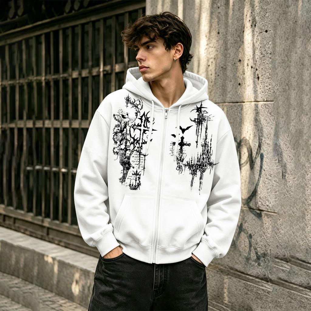 Herren Trendiges Bedrucktes Reißverschluss-Sweatshirt, Weiche Punk-Stil Fleece Kapuzenjacke mit Reißverschluss, Lässiger und Vielseitiger Cardigan