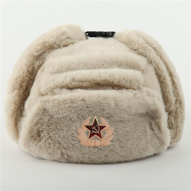 Warm Winter Military Style Earflap Hat Men Women With Embroidered Soviet Emblem Faux Fur Lined Outdoor Cap