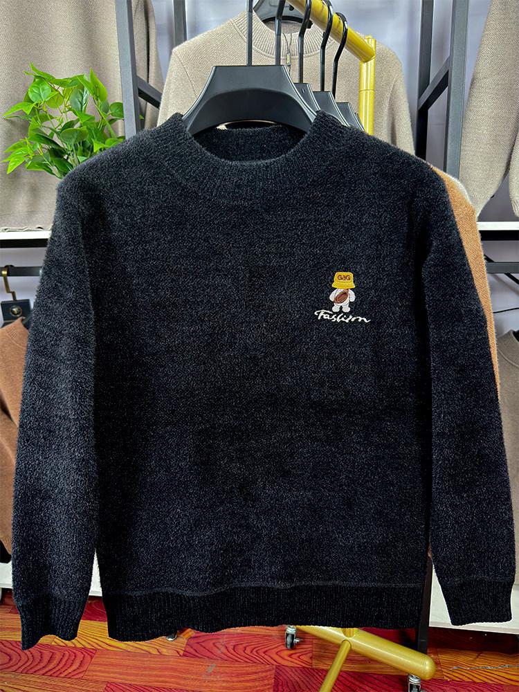 Men's Anti-Pilling Sweater with Fleece, Half-High Collar, New Embroidery, and Warm Knit Base Layer