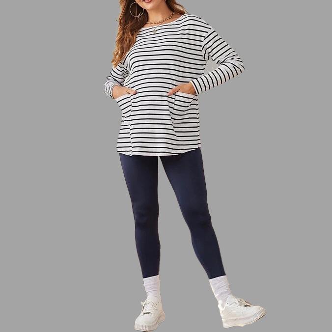 Striped Pocket Round Neck Long Sleeve Maternity Top for Women