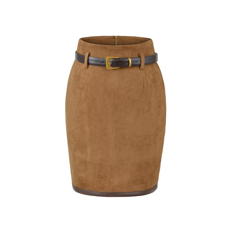 Карамельная замшевая плюшевая облегающая юбка-полуюбка с высокой талией и разрезом - Женская весенне-осенняя юбка-миди, облегающая бедра Medium