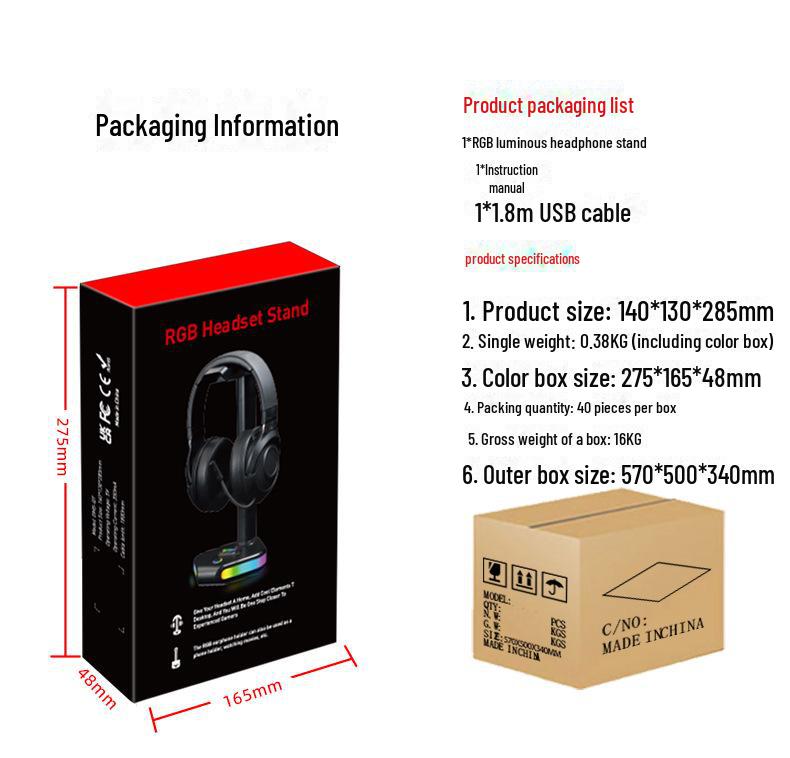 Černý svítící herní stojan na sluchátka - multifunkční stolní počítač nezbytný