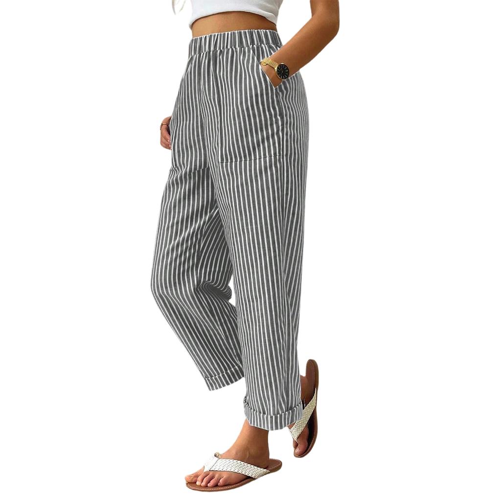 Women High Waist Vertical Stripe Loose Fit Casual Pants Lightweight Elastic Waist Straight Leg Trousers for Daily Wear