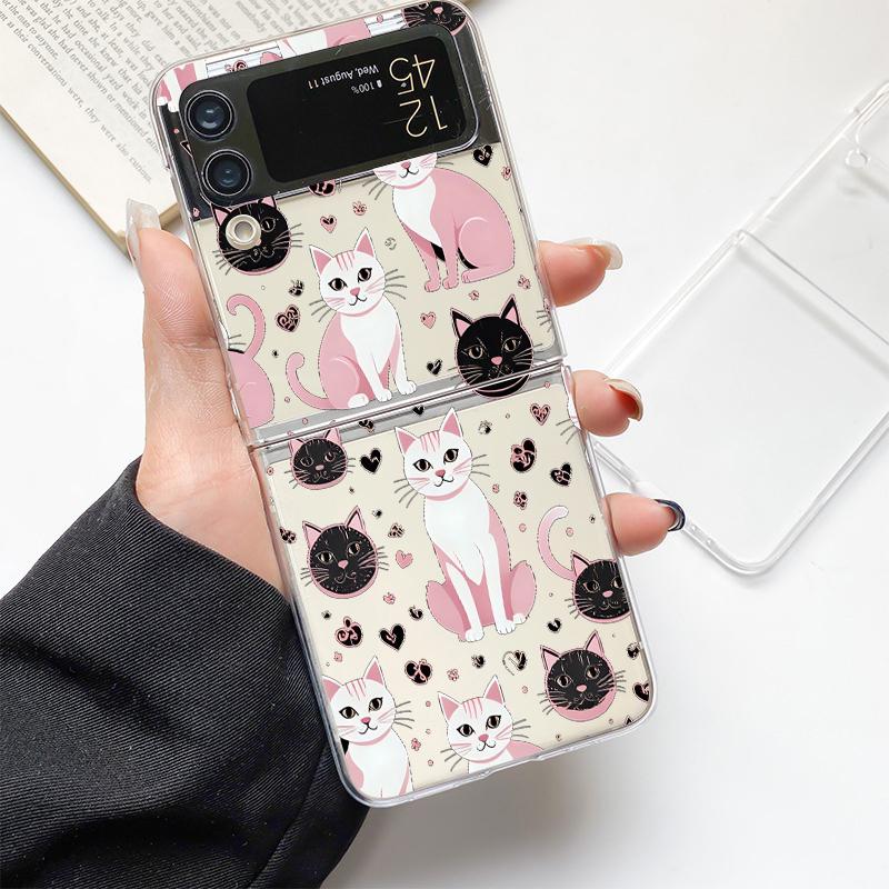 Lovely Cat Playing Fun Fashion Phone Case For Samsung Galaxy Z Flip 3 4 5 6 7 Hard Folding Z Flip4 Clear PC Cover Gift