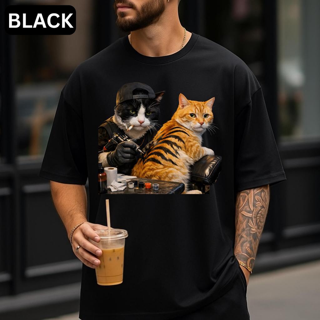 Funny Cat Tattoo T-Shirt Comfort Colors Graphic Tee Tiger Stripe Cats Shirt