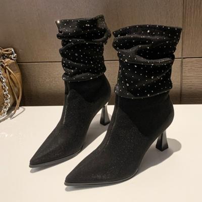 Kristāla augstpapēžu kurpes, potītes, sieviešu zābaki ar smailiem purngaliem, zamšādas Eleganti pumpas apavi 2025. gada ziema, modes ballīte, seksīga Chelsea, jaunais Botass Mujers