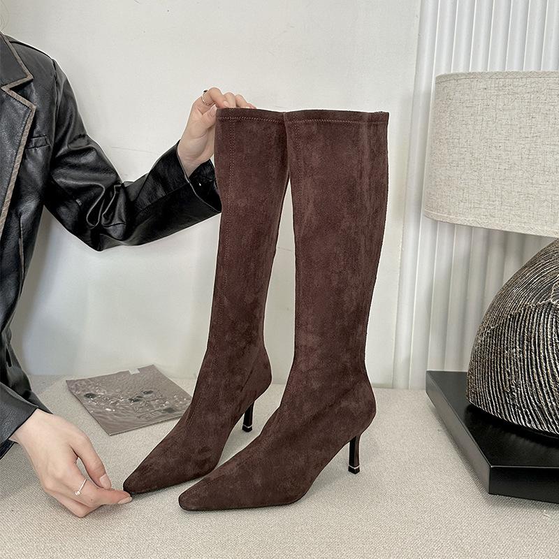 

Женские высокие сапоги 2025 новые модели, но до колена, маленькие высокие сапоги с острым носком, на шпильке, эластичные сапоги 39 коричневый