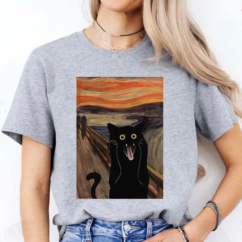 2026 New Model Scared Cat Print Clothes Crew Neck Tshirt Casual Short Sleeve Top for Summer Y2k Top Fashion Womens Tee Clothin