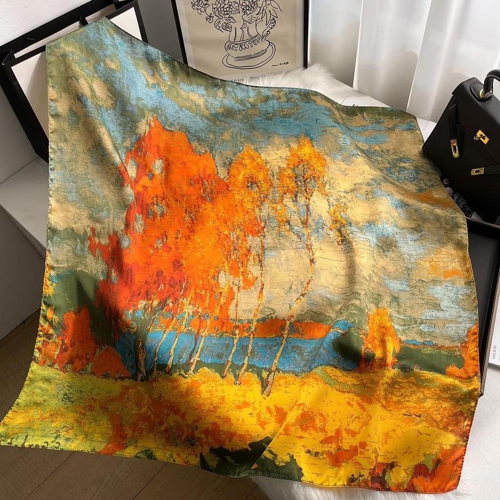Women's Retro Fashion Mulberry Silk Feel Square Scarf - Summer Faux Satin, Sun Protection, 90cm