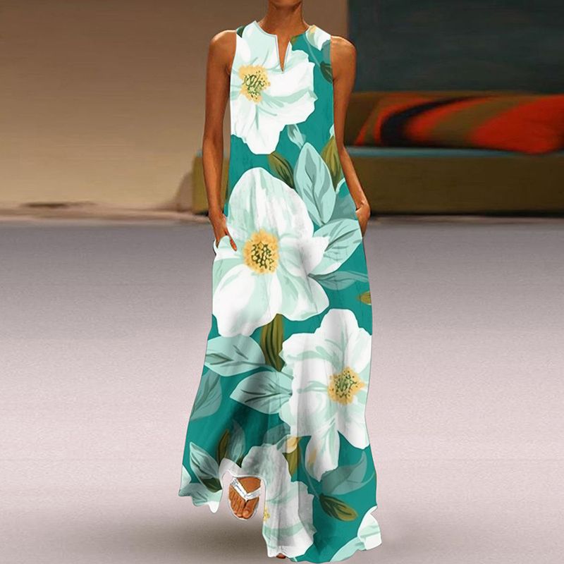 Fashion Plus Size Fancy Dress 3D Print Fashion V Neck Pocket Long Dress Large Swing Sexy Sleeveless Beach Dress
