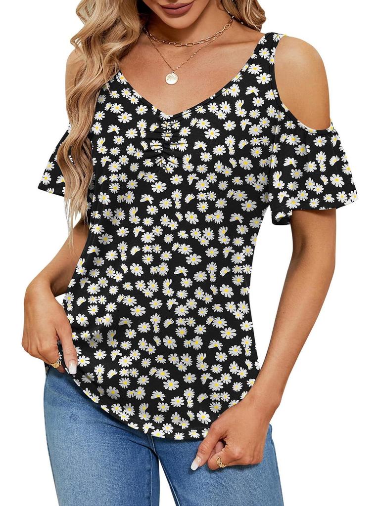 2025 Summer Off-the-Shoulder V-Neck Print Top for Women