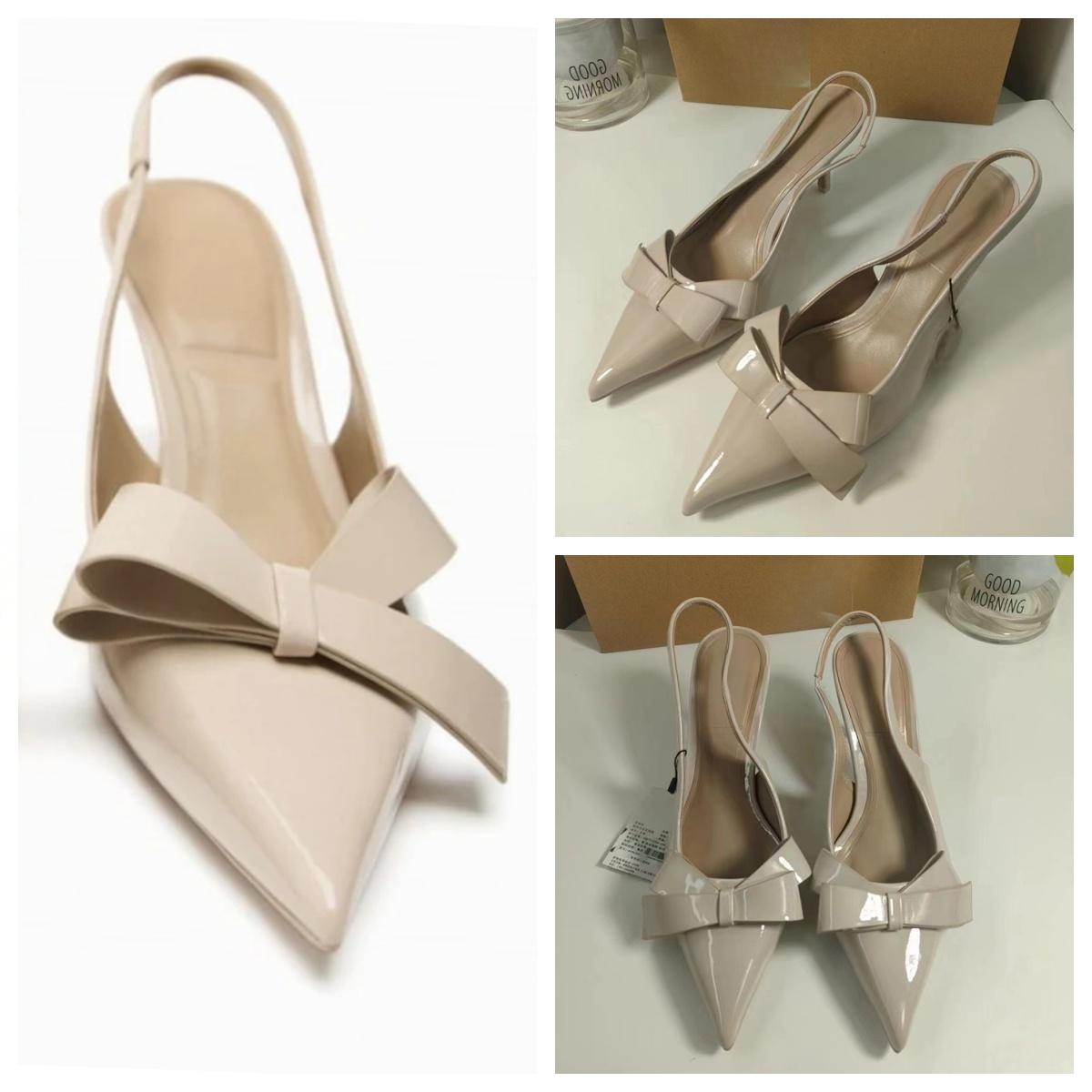 

TRAF Women Leather Heels With Bow Chic Pointed Toe Heeled Slingback Mules Autumn New Female Elegant Heels Office Lady Pump Shoes 36