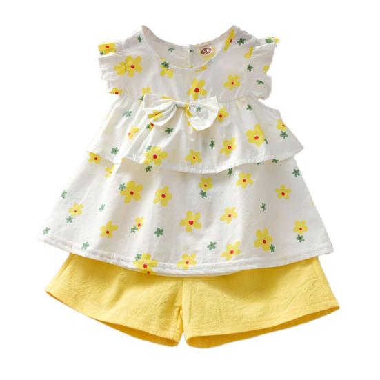 2Pcs/Set Baby Shirt Set Flower Print Breathable Sleeveless Girls Tops Shorts Kit for Summer
