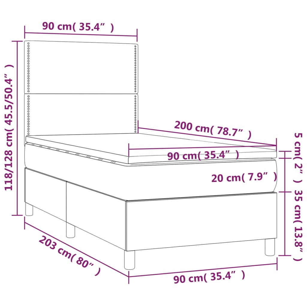 Box Spring Bed with Mattress & LED Cream 90x200 cm Fabric