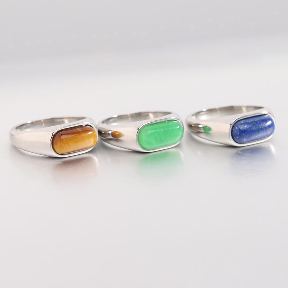 European and American 8MM Stainless Steel Ring with Inlaid Natural Stone - Versatile Retro Fashion Finger Ring