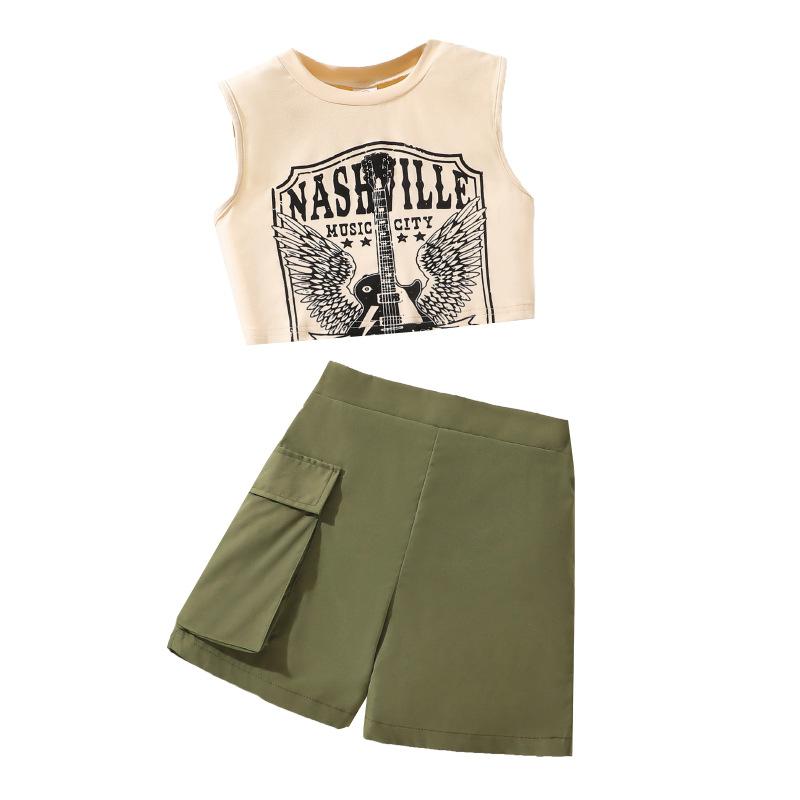 Girls Fashion Set 2025 Summer Kids Music Rock Style Sleeveless Vest Casual Shorts Set
