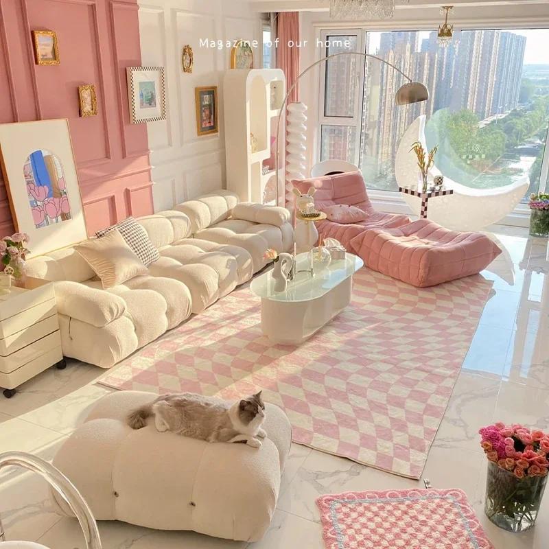 Modern Pink Living Room Carpet Ins Plaid Plush Soft Girls Bedroom Carpets Fashion Large Area Cloakroom Decorative Rug