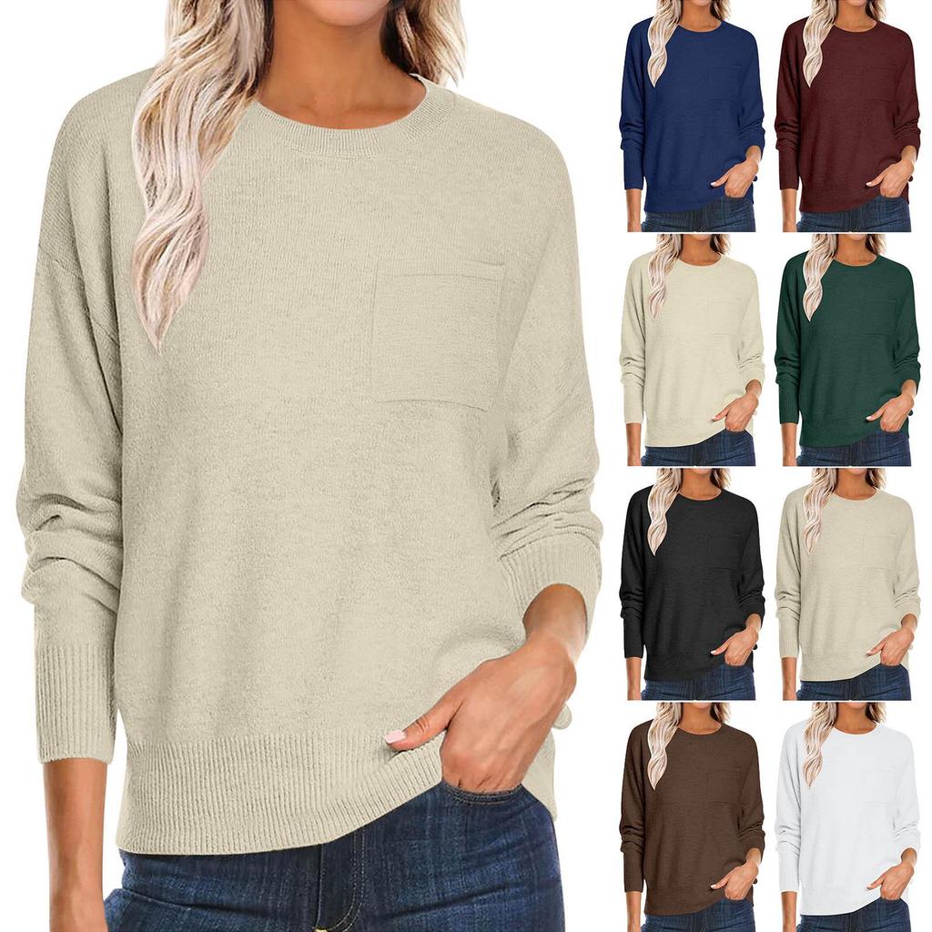 2025 Women's Solid Color Round Neck Long Sleeve Casual Pocket Pullover Sweater - Autumn/Winter European American Style