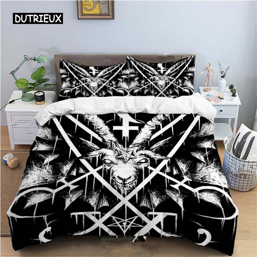 Satanic Duvet Cover Satan Goat Inverted Pentagram Skull Comforter Cover Quilt Cover Bedroom Decoration for Women Men Children