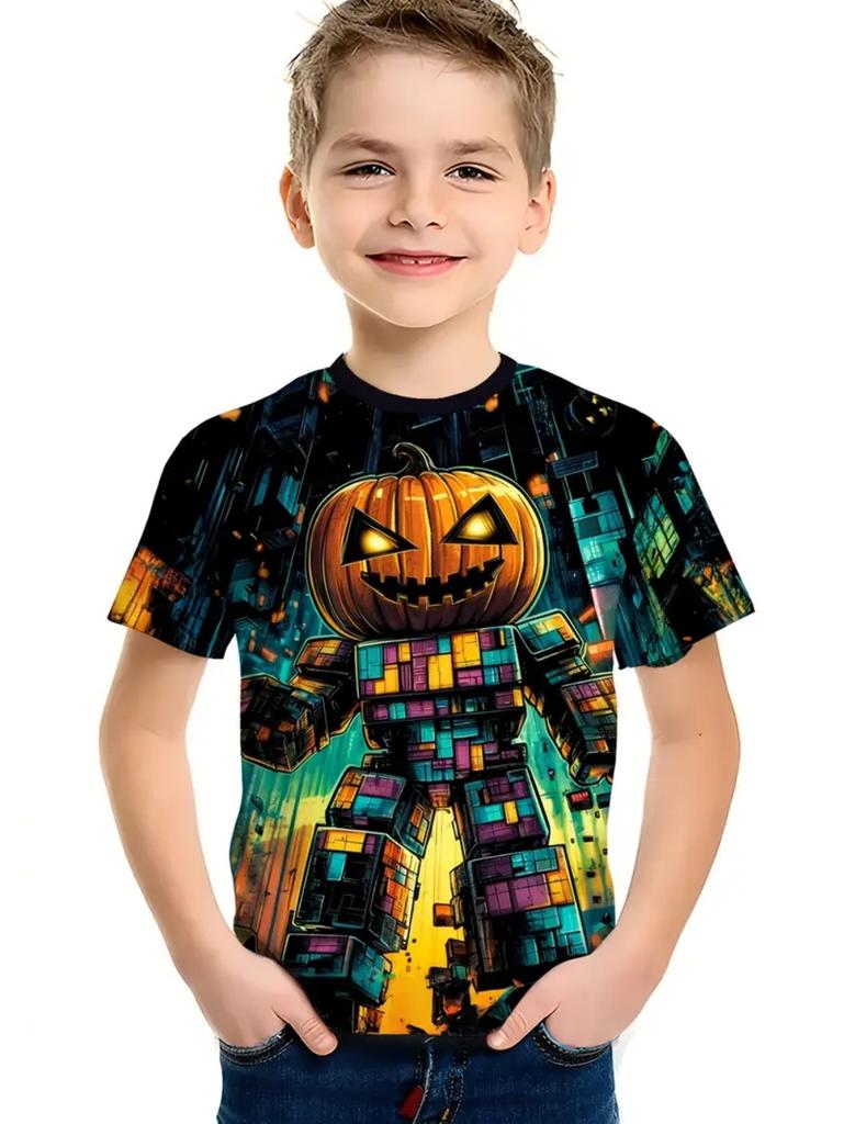 Rundhalsad 3D Robot & Pumpa Grafiskt Tryckta Kortärmade Barnpojks T-shirts - Mjuk Medium Stretch Polyestertyg Sommar Avslappnad Passform Kläder