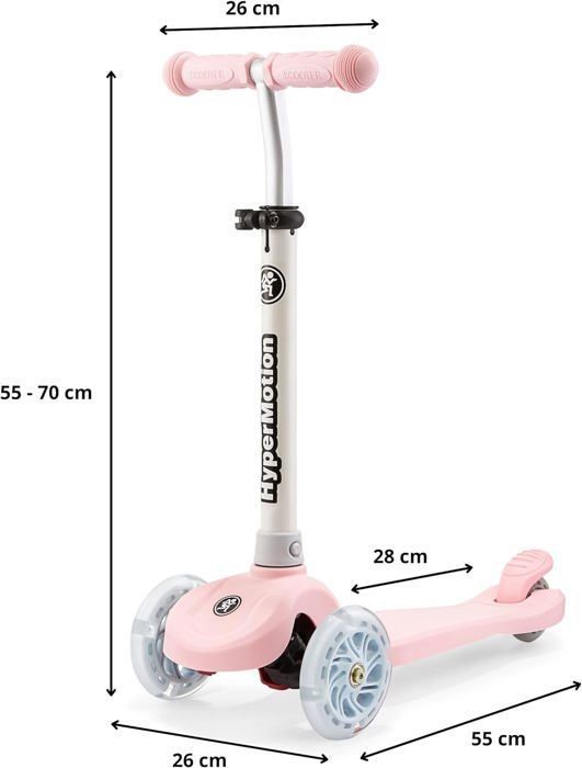 Trottinette 3 roues LED- HyperMotion - TRINGO - Rose - Hauteur réglable 55-70 cm - Max 50 kg