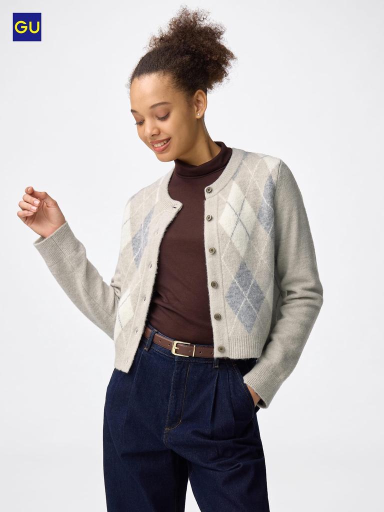 Uniqlo Gu Puff Knit Argyle Crew Neck Short Cardigan