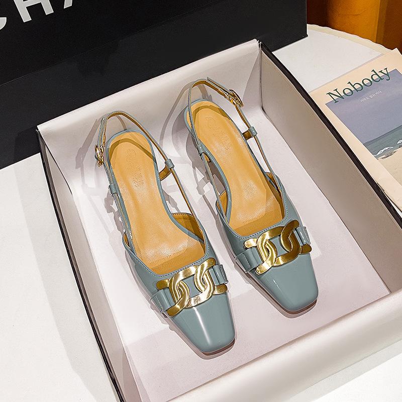 Square head rear empty single shoes middle heel 2025 new summer one-word buckle with high heels retro temperament bag head sandals