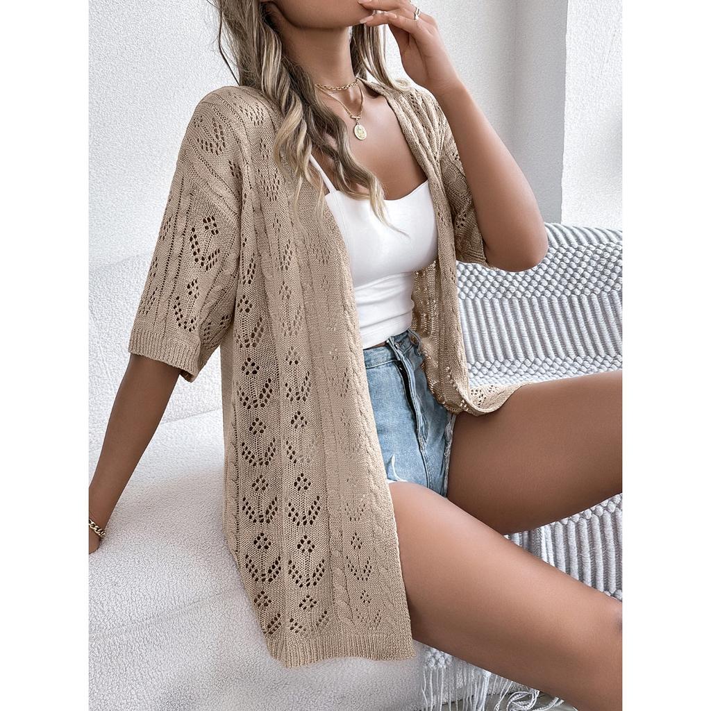 GMXIA Spring Summer Cut-out Short-sleeved Knitted Cardigan for Vacation Sun Protection Women's Wear