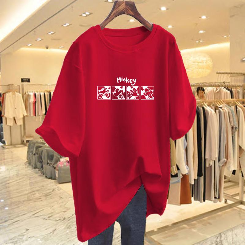 Women's Summer Retro Cotton Print Tee - Loose Fit, Mid-Length, Short Sleeve