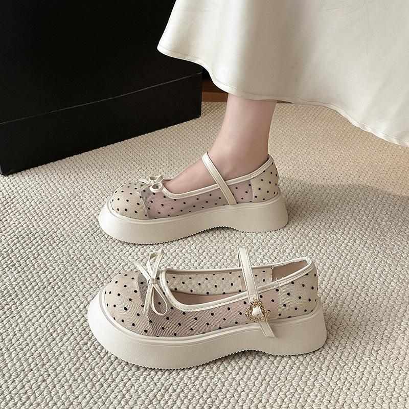 French bow mesh breathable retro Mary Jane shoes women's 2025 summer new single shoes heightening ballet shoes