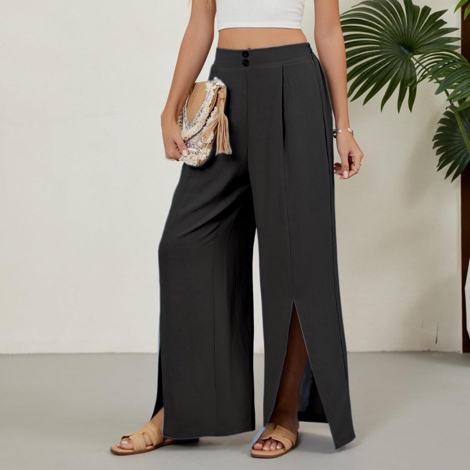 

Женские модные повседневные однотонные брюки с эластичной талией, свободные прямые повседневные брюки S чёрный