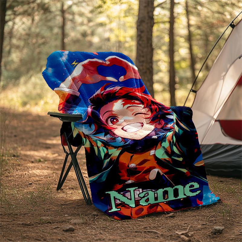 Personalized Custom Name Blanket - Demon Slayer Tanjiro Print Design,Blanket for Sofa,Bed,Travel,Camping - Soft and Warm, Great Gift
