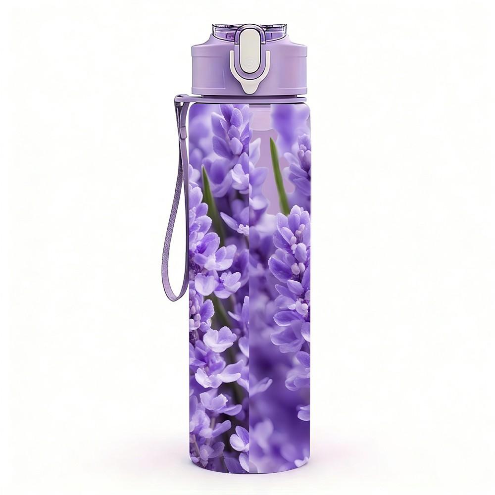 1PC Dense Purple Lavender Field Print 750ml Color Plastic Sports Water Bottle Leakproof Flip Straw Lid Suitable for Sports Office Home Use