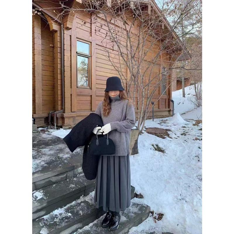 

Повседневный свитер с длинным рукавом и высоким воротом для женщин, модный толстый осенне-зимний свободный облегающий базовый свитер, топы, женские элегантные джемперы 25442 One Size серый