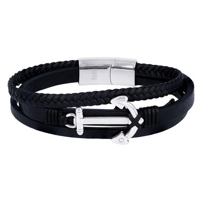[R7438] - Black Silver 'Ancre Marine' Steel Leather Bracelet - 21 Cm - 35x25 Mm