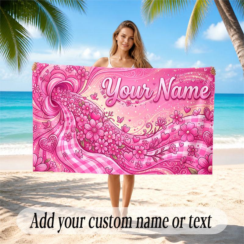 Floral Garden Theme Soft Beach Towel Personalized Custom Name Text Towel Portable for Beach Pool Travel