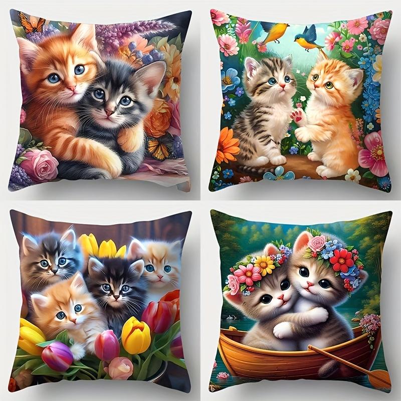 4 Cute Cat Print Pillowcases with Beautiful Floral, Butterfly, and Bird Pattern Designs. Modern Style, Single-sided Print, Zipper Closure, Hand Wash O