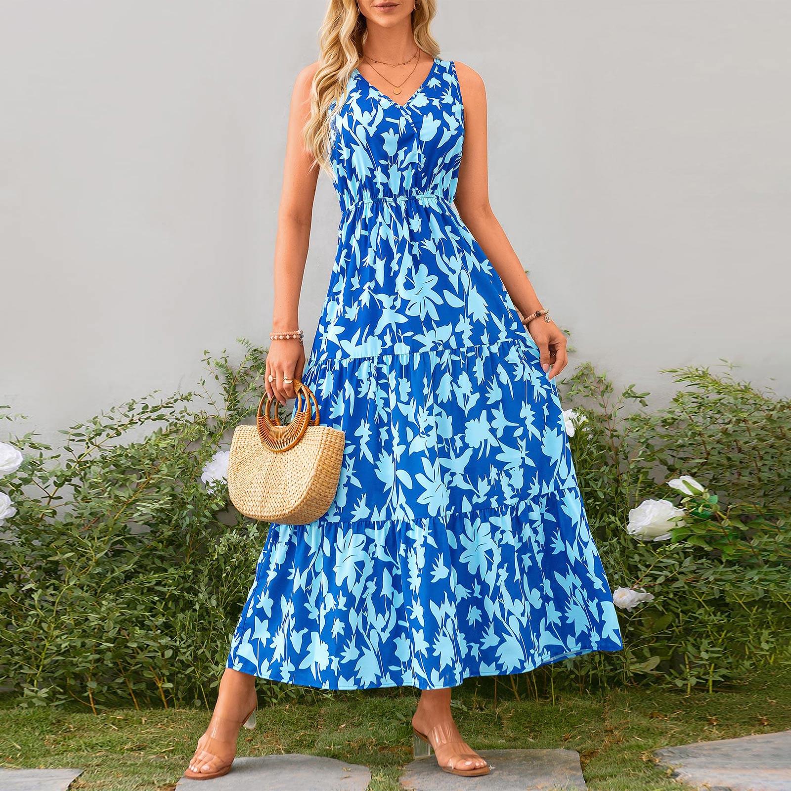 

Женские струящиеся платья Женские летние платья Повседневные длинные платья без рукавов Милые длинные платья с цветочным принтом L