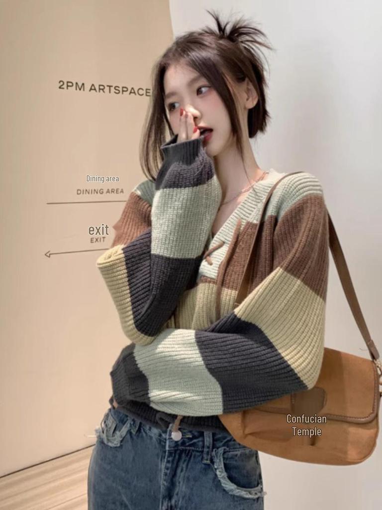 Neuer Damen V-Ausschnitt Gestreifter Farbblock Langarm Strickpullover - Figurbetonender und schicker kurzer Stil für Herbst/Winter