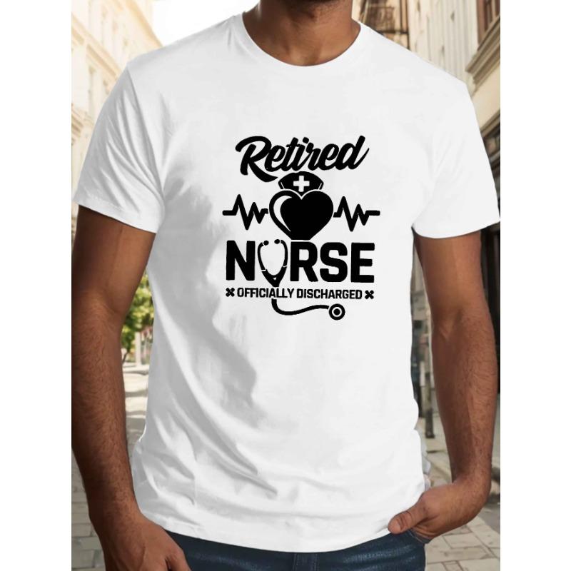 

European sizes 1pc Retired Nurse Casual T-Shirt for Men - Knit Fabric with Slight Stretch, Crew Neck, Geometric Pattern 4XL