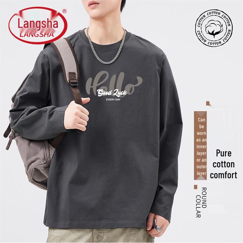 Langsha Men s 100% Cotton Long Sleeve Crew Neck T-Shirt L