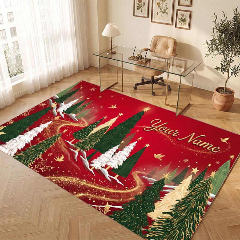 Mushroom Forest Theme Crystal Velvet Floor Rug Personalized Custom Name Text Warm Carpet Home Decoration