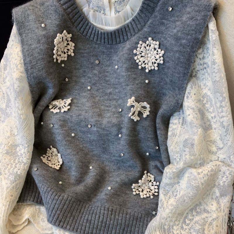 Set Top for Women Winter Flower Knit Sweater Vest Lace Slim Long Sleeve Bottom Shirt Two Piece Set