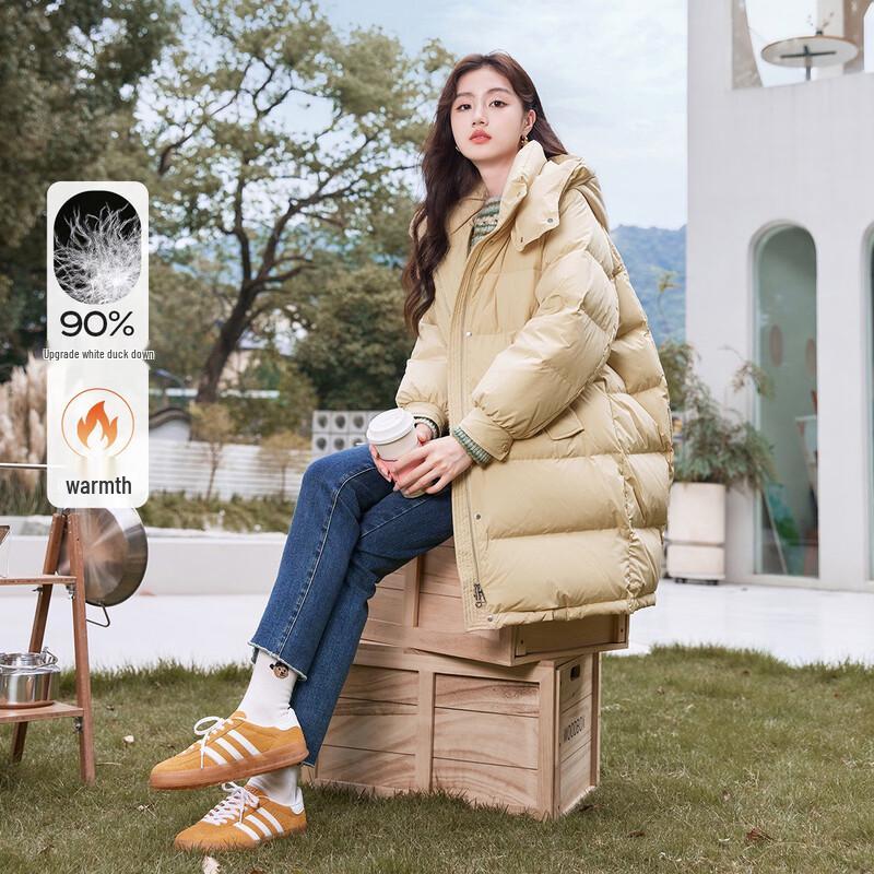 Xiangying Women s Yellow Hooded Mid-Length Down Jacket S